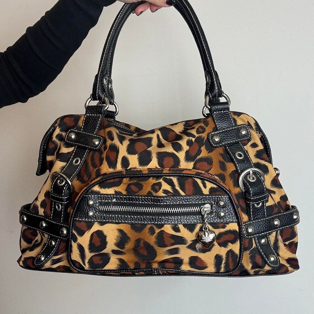 Kathy Van Zeeland Vintage Y2K Leopard Print Canvas and Leather Shoulder Bag